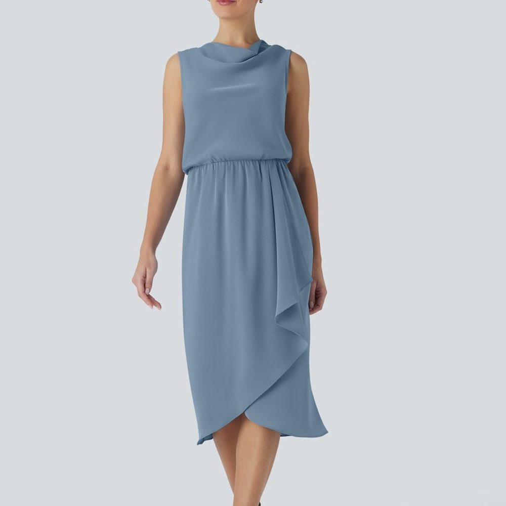 NWT Halara Blue Cowl Neck Crossover Hem Midi Travel Dress Size S